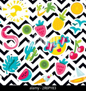 Summer beach and leisure ornament. Bright fashionable seamless pattern for printing on fabrics, paper and packaging. Fun, trendy background with waves Stock Vector