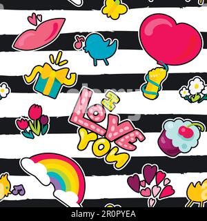 Vector Romantic Love Seamless Pattern in doodle style with shape. Girl fashion ornament. Nice cartoon background. Fun backdrop. Stock Vector