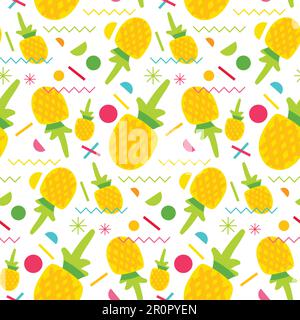 Vector Summer Fruits Pattern in cartoon style. Memphis elements and berries. Sweet backdrop. Sweet pineapple seamless pattern Stock Vector