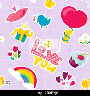 Vector Romantic Love Seamless Pattern in doodle style with shape. Girl fashion ornament. Nice cartoon background. Fun backdrop. Stock Vector