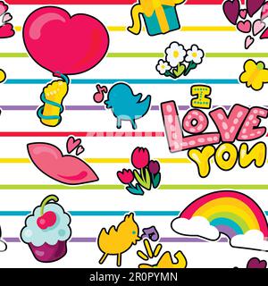Vector Romantic Love Seamless Pattern in doodle style with shape. Girl fashion ornament. Nice cartoon background. Fun backdrop. Stock Vector