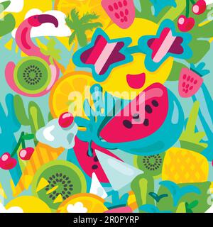 Tropical summer pattern. Bright fruits, berries, ice cream and flamingos with other attributes of warm summer and vacation in pink-green-blue tones. V Stock Vector