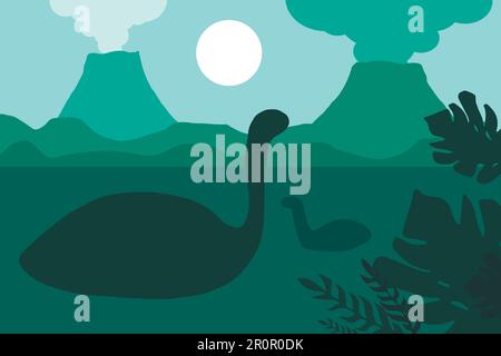 Age of dinosaurs in silhouettes. The natural landscape with the volcanoes and the sea. Tropical ocean shore. Mesozoic era. Green colors. Vector Stock Vector