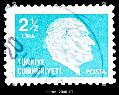 MOSCOW, RUSSIA - APRIL 08, 2023: Postage stamp printed in Turkey shows Kemal Ataturk, Ataturk, Definitive (1979-1981) serie, circa 1980 Stock Photo