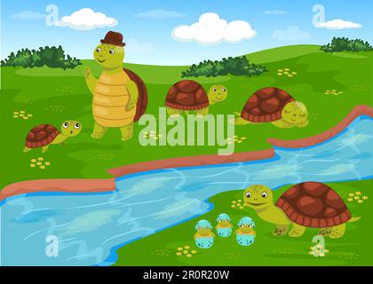 Turtles families with kids walking on meadow Stock Vector
