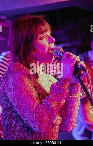 Vanessa Vass of indie band Silver Biplanes on stage at the Hope & Anchor pub, Islington, London, 03/03/2023. Stock Photo