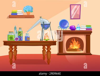 Witch room with potion in bottles, furniture and fireplace Stock Vector