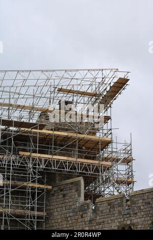 1 May 2023 - Windsor UK: Windsor Castle turret surrounded by scaffolding Stock Photo