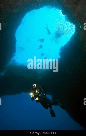 Diver under Azur Window, Gozo, Malta, Europe, Mediterranean Sea Stock Photo