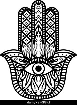 Hamsa Fatima Hand Tradition Amulet Monochrome. Religious Sign Arm with All Seeing Eye. Symbol of Protection from Mystic Creature. Vintage Bohemian Sty Stock Vector