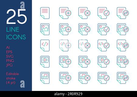 Documents and files color linear icons set. Data storage blue and yellow thin line pictograms Stock Vector