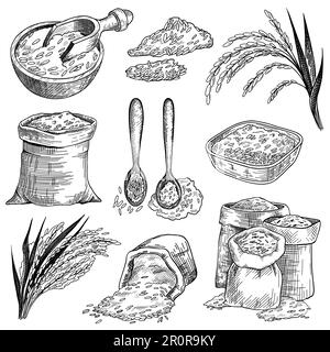 Rice grain in sacks and bowls sketch set Stock Vector