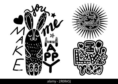Social media vector stickers set. Bunny cartoon character with lettering. Positive t shirt print Stock Vector