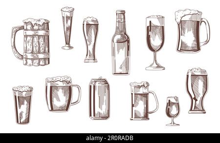 Beer drink in glasses, pints, mugs, can sketch set Stock Vector