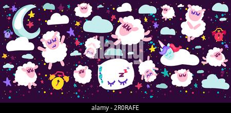 Sleeping sheep vector illustrations set. Bed time positive illustration. Night sky design elements Stock Vector