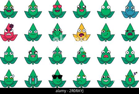 Green plants facial expressions icons set. Leaves emoticons with positive, negative emotions Stock Vector