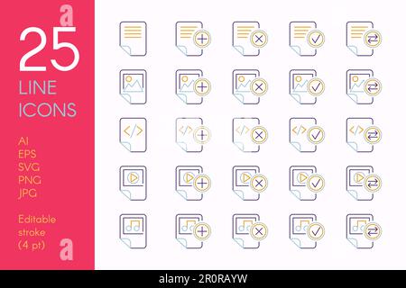 Documents and files color linear icons set. Data storage blue and yellow thin line pictograms Stock Vector