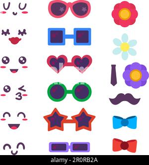 Funny emoticon maker, constructor. Cute facial expressions, sunglasses and decorative elements set Stock Vector
