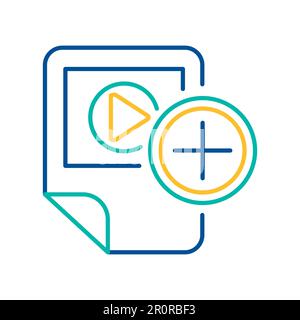 Video player blue and yellow linear icon. Adding film to playlist color thin line pictogram Stock Vector