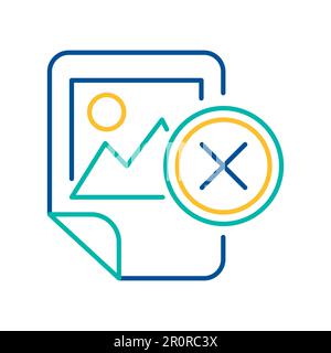 Image file deletion blue and yellow linear icon. Picture, photo removal color thin line pictogram Stock Vector