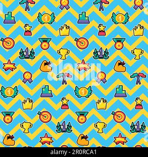 Winner cartoon seamless color vector pattern. Medals, trophies, awards, rewards, prizes background Stock Vector