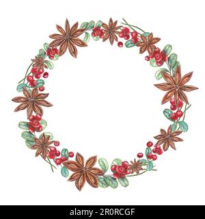 Watercolor wreath of star anise, cowberry, pine needles isolated on white background. Botanical illustration for postcard design, invitation template Stock Photo