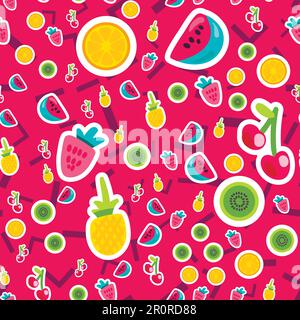 Color tropical fruits stickers seamless vector pattern. Doodle cherry, kiwi, orange background Stock Vector