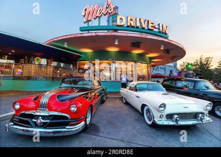 Mel's Drive in All American Diner, pictured during the golden hour at Islands of Adventure, Universal Studios, Orlando, Florida, USA Stock Photo