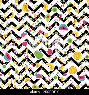 Painted Berries Summer Fruits Mix Seamless Pattern. Bright Pineapple, Orange on Zigzag Backdrop. Cherries Kiwi and Pomegranate with Black Dotted Line. Stock Vector