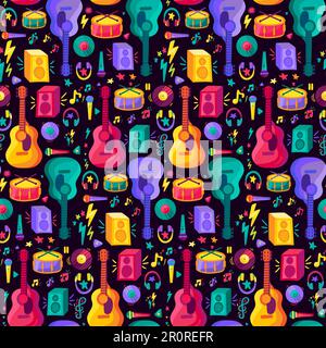 Colorful Musical Instrument Flat Seamless Pattern. Vintage Design on Black Background Flyer and Poster for Event or Disco. Modern Creative Sketch for Stock Vector