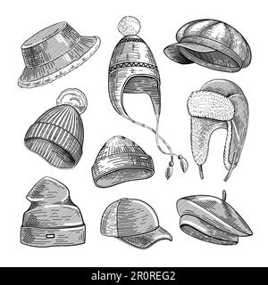 Winter hats engraved illustrations set Stock Vector