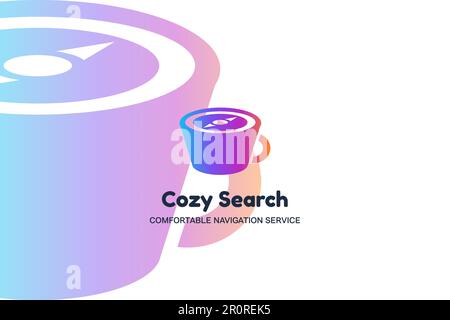 Cozy search flat vector logo template. Coffee cup color gradient icon. Navigation service logotype Stock Vector