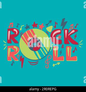 Disco, retro music concert poster template. Rock N Roll hand drawn lettering. Banner, invitation Stock Vector