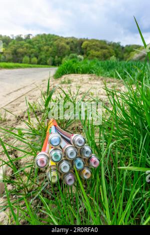 Fibre optic cable, freshly laid along a country lane, provision of fast internet in rural areas, Mülheim an der Ruhr, NRW, Germany Stock Photo