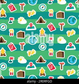 Camping seamless vector pattern. Summer trip. Hiking stickers on brushstrokes striped background Stock Vector