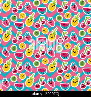 Fruits seamless color vector pattern. Zigzag background with kiwi, watermelon, orange, cherry emojis Stock Vector