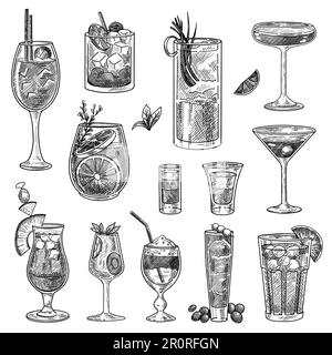 Cocktail glasses sketches set Stock Vector