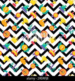 Color awards seamless vector pattern. Championship trophies, prizes on zigzag lines background Stock Vector