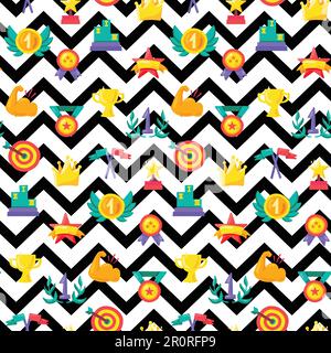 Winner awards seamless vector pattern. Championship trophies, prizes on zigzag lines background Stock Vector