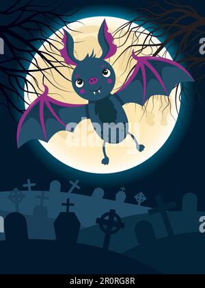 Halloween illustration with a bat and a graveyard in the background. Stock Vector
