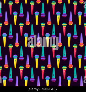 Colorful Musical Hand Microphone Seamless Pattern. Vintage Design Background Poster for Event or Disco. Modern Creative Sketch for Print. Karaoke, Mic Stock Vector