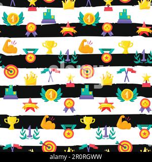 Color awards seamless vector pattern. Winner trophies, medals, prizes on striped background Stock Vector