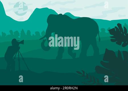 Wildlife photographer flat illustration. Minimalistic night landscape with elephant silhouette Stock Vector