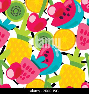 Color fruits seamless vector pattern. Doodle pineapple, kiwi, orange with lines abstract background Stock Vector