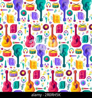 Musical instrument flat seamless pattern. Party, concert items. Guitar, drum, mic cartoon background Stock Vector