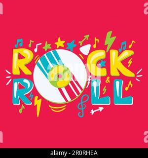 Rock N Roll cartoon vector lettering. Disco, retro music concert poster, banner, invitation design Stock Vector