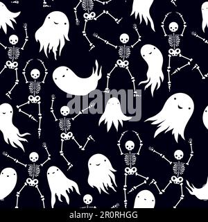 Vector pattern with cute ghosts and dancing skeletons Stock Vector