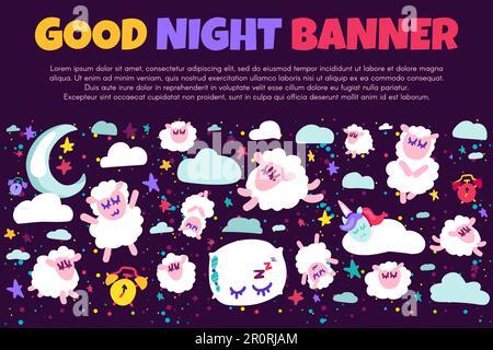 Sleeping and Dreams Good Night Concept Banner. Sheeps and Unicorn, Clouds and Moon with Stars, Pillow and Alarm Clock Isolated on Sky Background. Bed Stock Vector