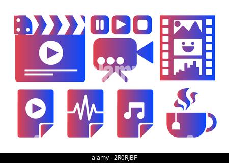 Audio, video files symbols color icons set. Filmmaking video production gradient flat cliparts Stock Vector