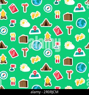 Travel color seamless vector pattern. Tourism. Hiking, camping, trip stickers on green background Stock Vector